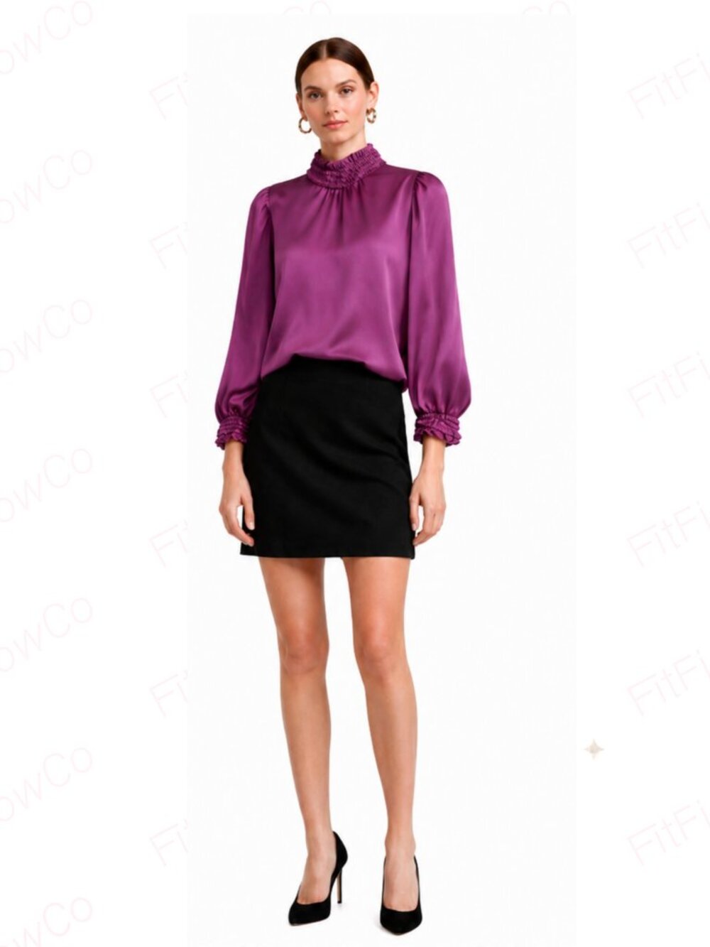 ZARA Satin Ruffle Mock Neck Blouse – Magenta – Size XS- Worn once